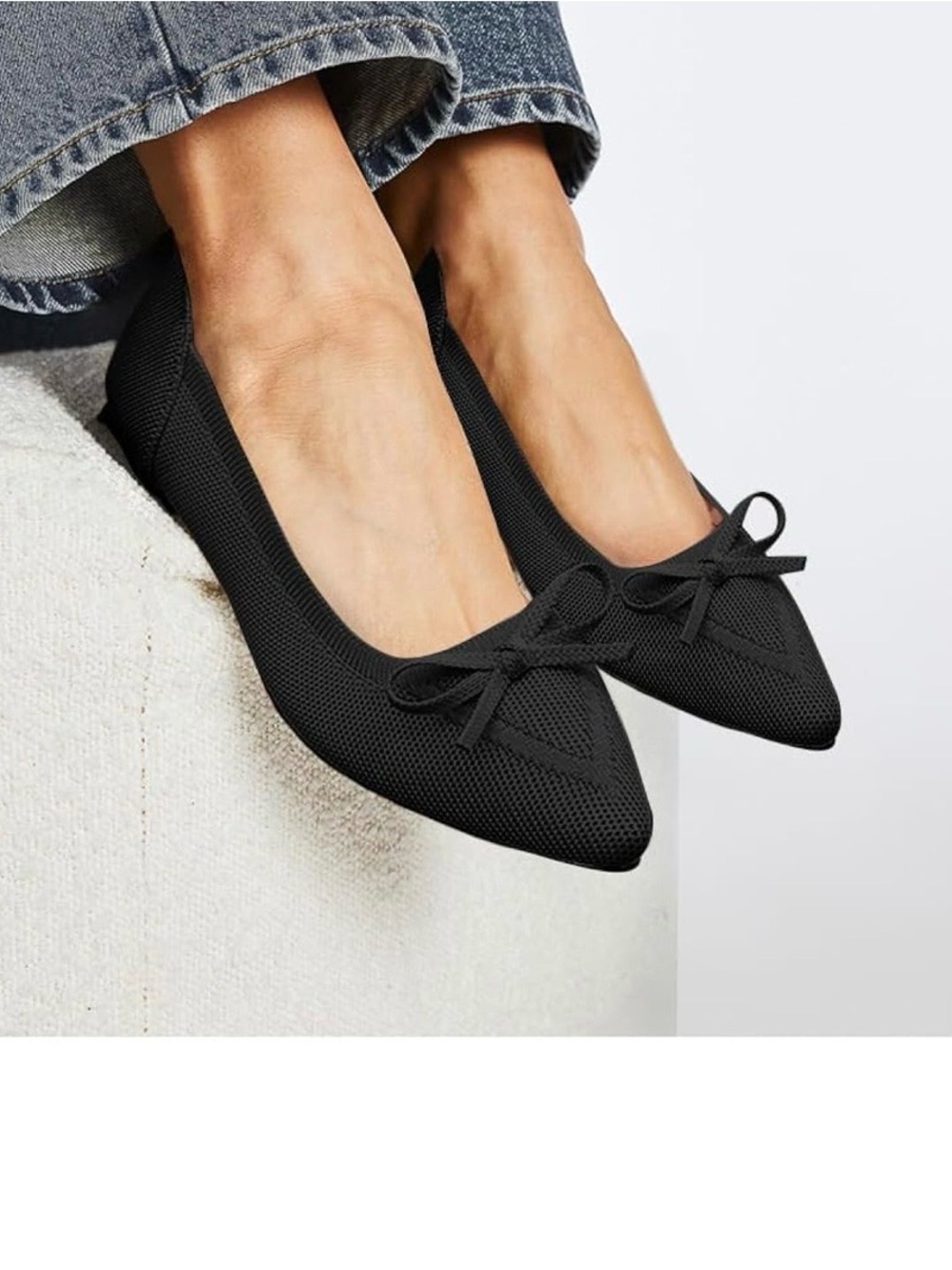 Breathable Pointed Ballet Flats with Bow — Black